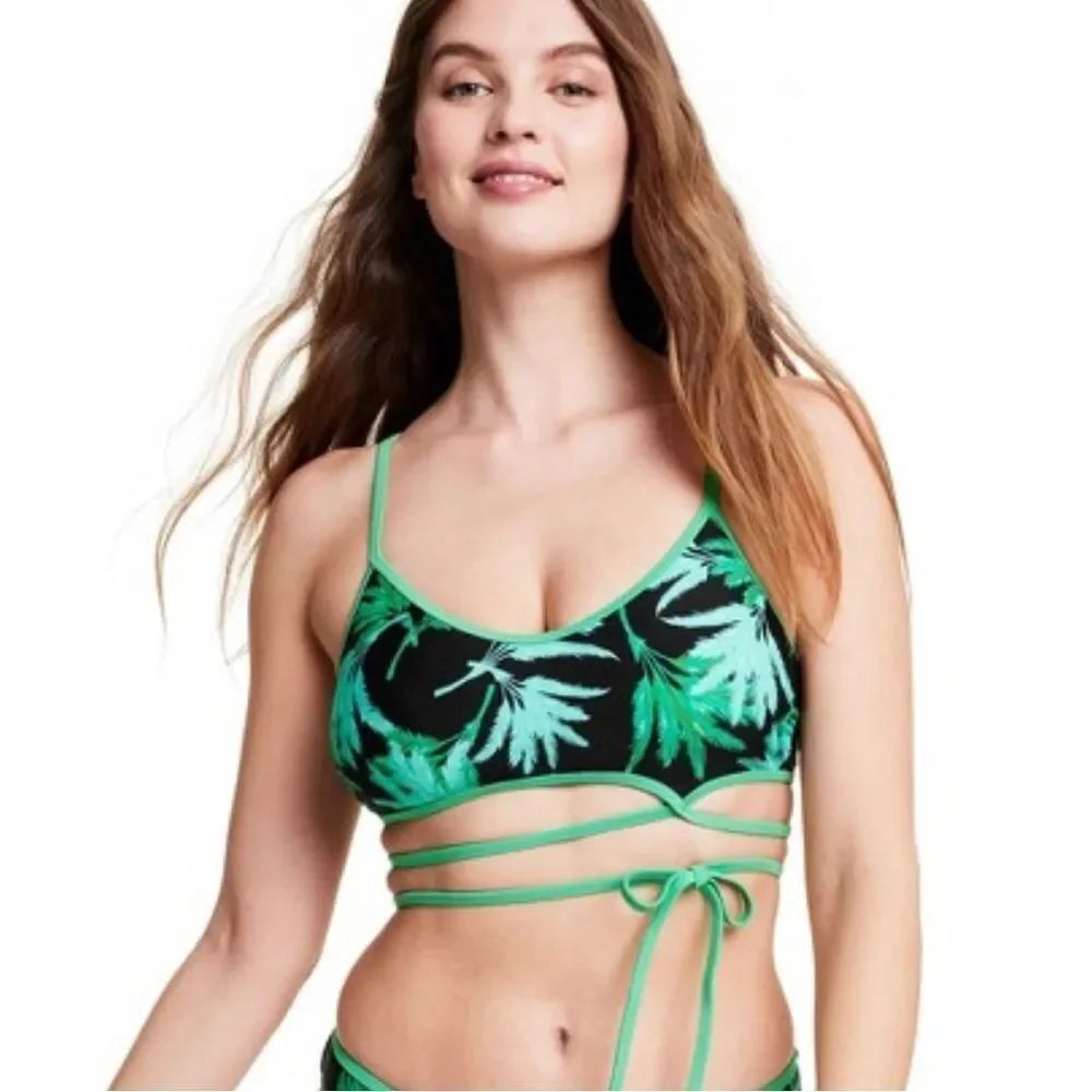 Fe Noel x Target Feathered Palm Print Bralette Bikini Top - Black/Green M NWT